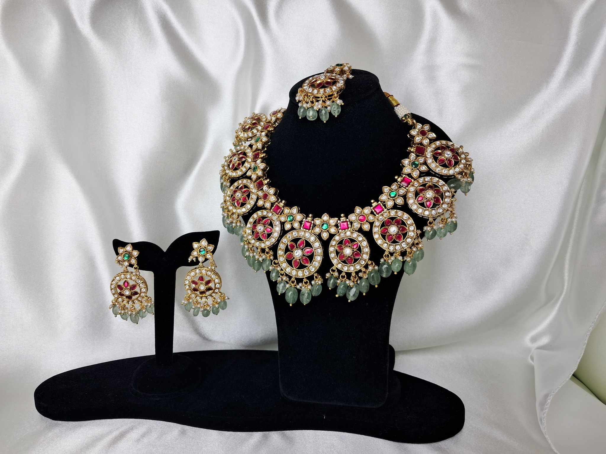 Premium Kundan-Style Bridal Necklace Set with Ruby Pink & Green Beads with matching earrings