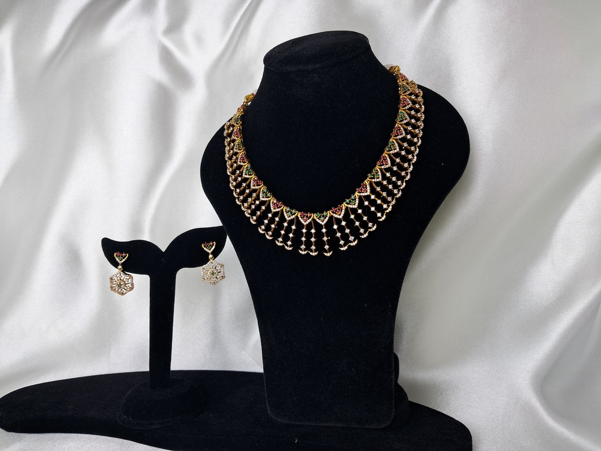 Cz American Diamond style Necklace in Ruby & Green with matching earrings