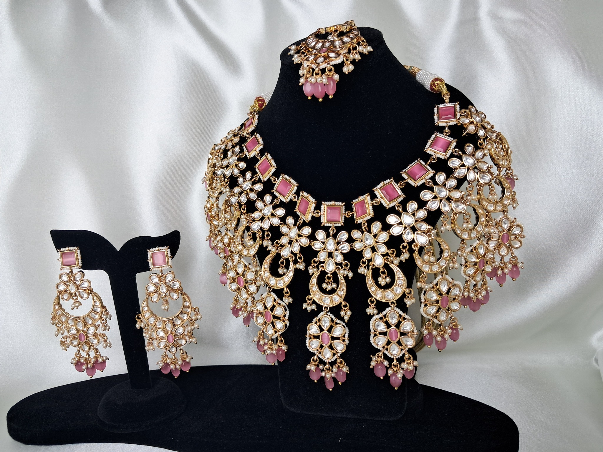 Gold tone  Kundan-Style white stones with soft pink Stones Bridal Necklace with matching earrings