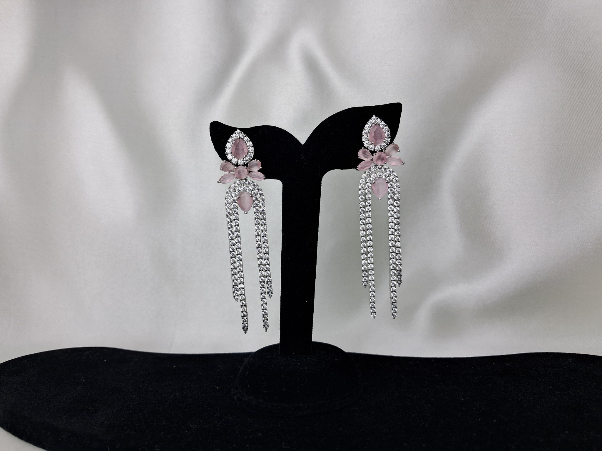 American Diamond Long Pink Earring with Rhodium Plating