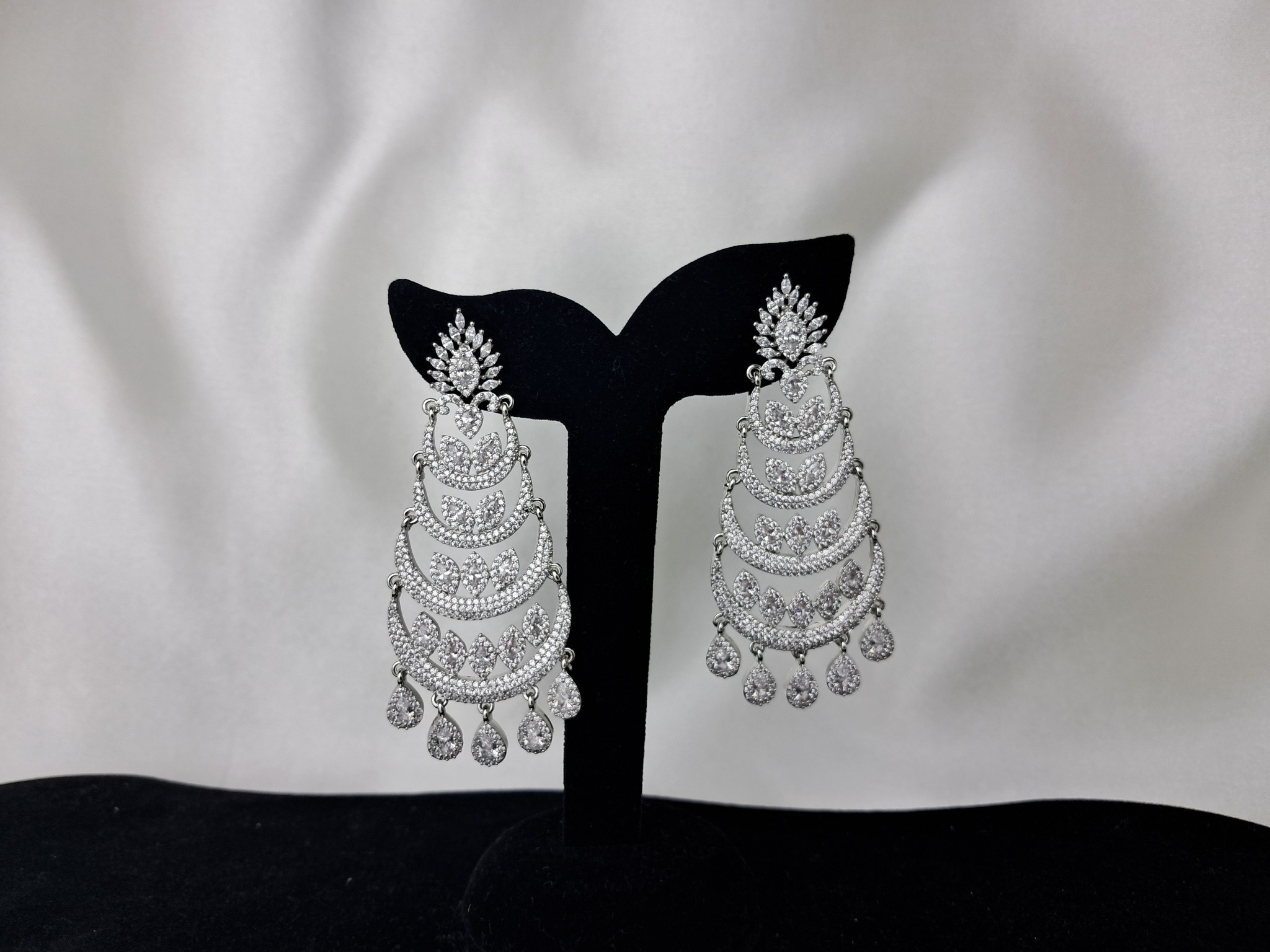 American Diamond Long Earring with Rhodium Plating & 2 Tone Plating